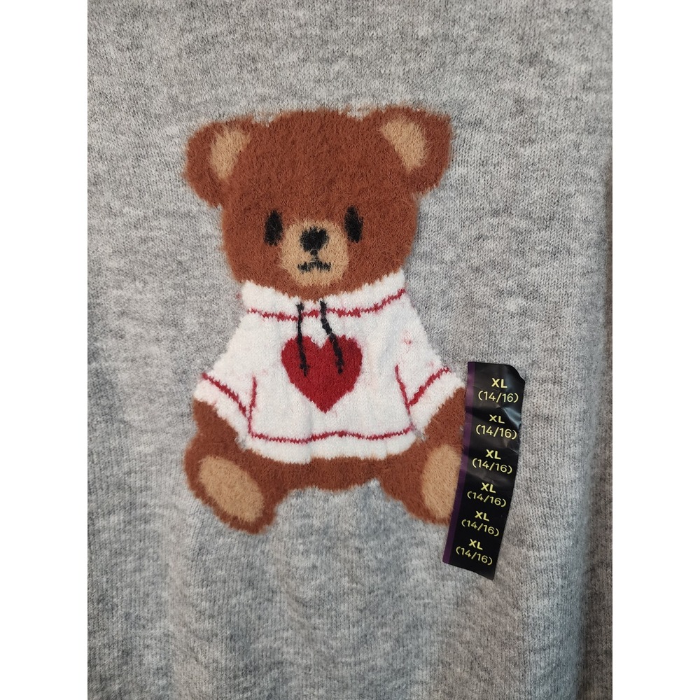 Art Class Girls XL 14/16 Heather Grey Teddy Bear Heart Knit Sweater NWT